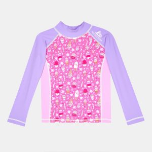 Pink and purple girls long sleeve rash guard with printed front panel explaining what is a rash guard.