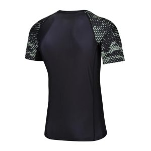 Back view of black custom rash guard with grey patterned sleeves.