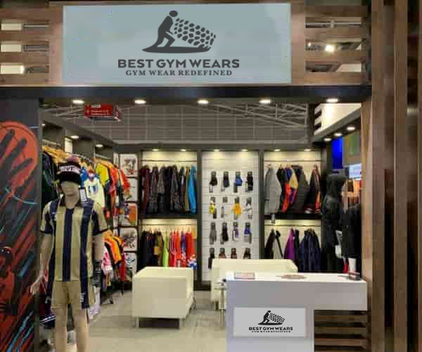 A shop display showing gym wear accessories neatly arranged
