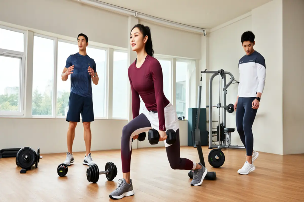 Group fitness training session with people exercising in a gym