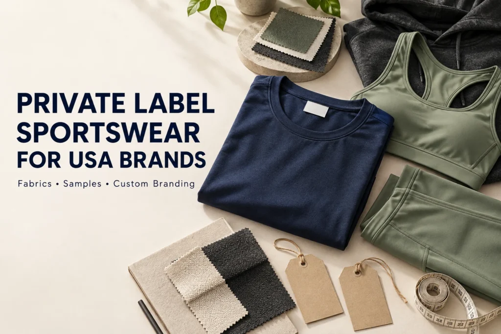 Private label sportswear for USA brands featuring custom apparel samples, fabric swatches and branding tags