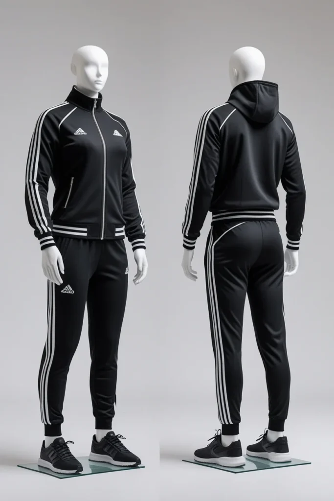 Custom black tracksuit for USA fitness apparel brands by a fitness apparel manufacturer offering private label sportswear and bulk activewear.