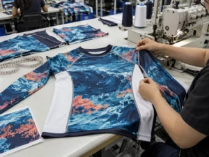 sublimation printing on rash guard panels during cut and sew production