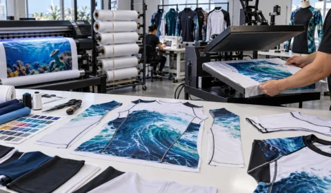 sublimation printing process for custom rash guard panels in a professional apparel production workshop