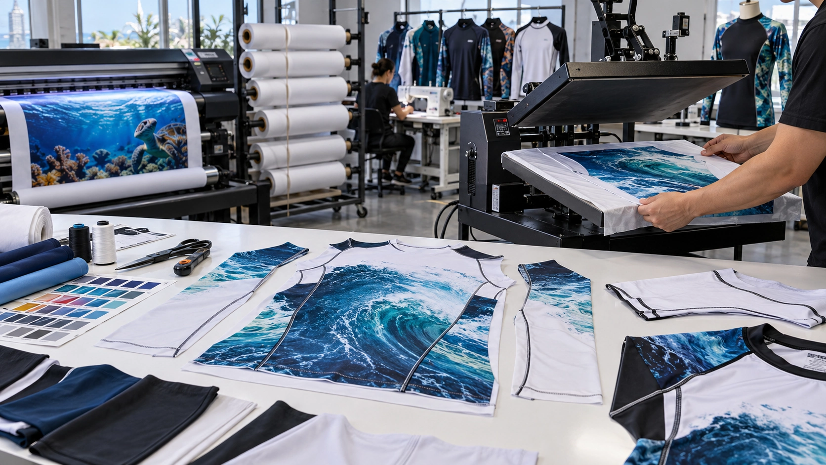 sublimation printing process for custom rash guard panels in a professional apparel production workshop
