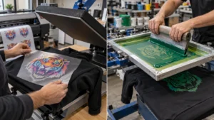 dtf vs screen printing process comparison on custom hoodies in a production workshop