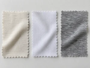 Best fabric for t shirts comparison showing cotton jersey, polyester knit, and cotton-polyester blend fabric swatches side by side.