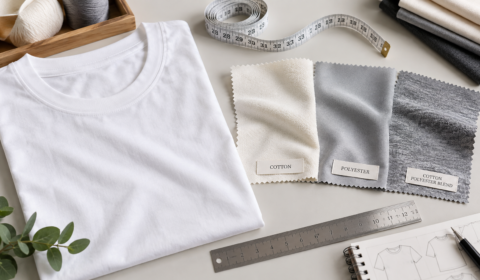 Best fabric for t shirts guide featuring cotton, polyester, and cotton-polyester blend swatches beside a finished T-shirt and garment measuring tools.