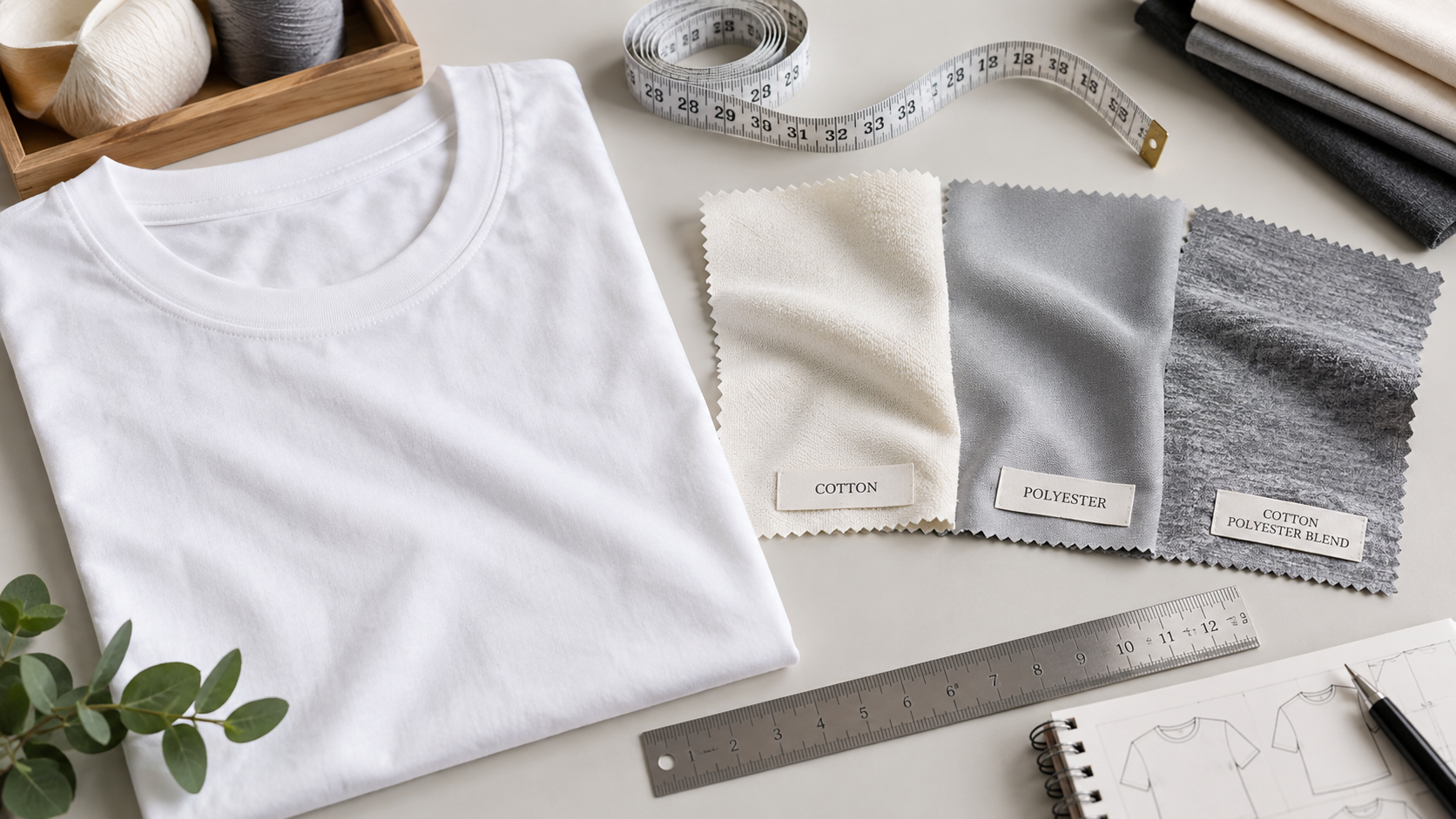 Best fabric for t shirts guide featuring cotton, polyester, and cotton-polyester blend swatches beside a finished T-shirt and garment measuring tools.