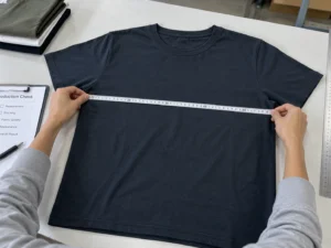 Best fabric for t shirts production check showing chest width measurement of a finished custom T-shirt sample laid flat.