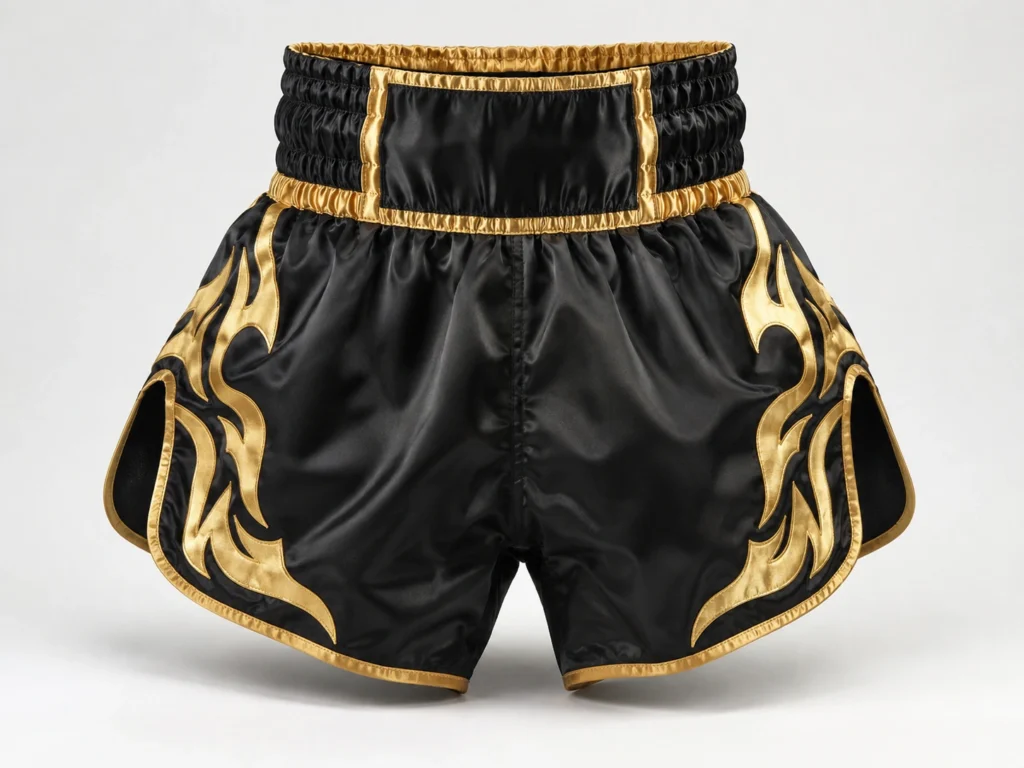 Premium muay thai shorts with satin fabric, tall elastic waistband, wide leg openings and reinforced side slits