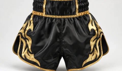 Premium muay thai shorts with satin fabric, tall elastic waistband, wide leg openings and reinforced side slits