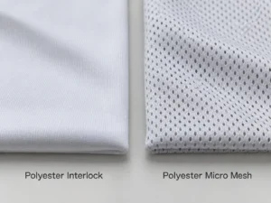 Best fabric for t shirts comparison of polyester interlock and micro mesh fabrics showing different knit textures and breathability.