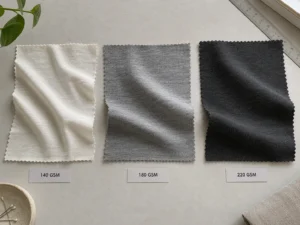 Best fabric for t shirts GSM comparison showing 140 GSM, 180 GSM, and 220 GSM cotton jersey fabric swatches for different T-shirt weights.