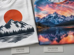 Best fabric for t shirts printing example showing screen printing on cotton and dye sublimation on polyester T-shirt fabric.