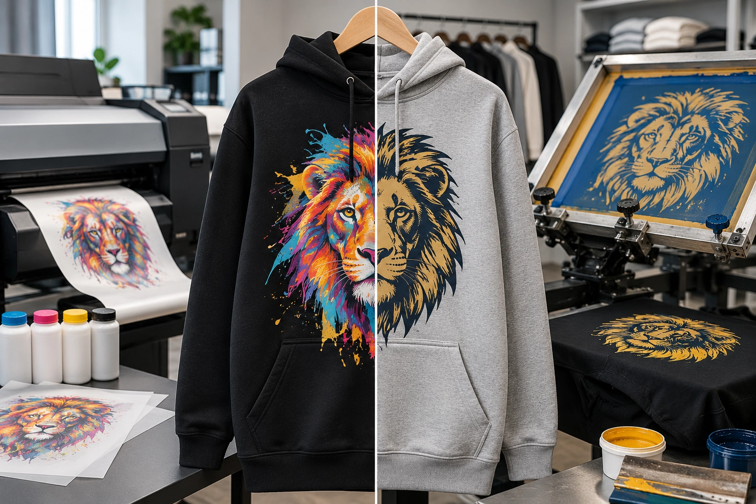 dtf vs screen printing comparison showing custom hoodie printing methods