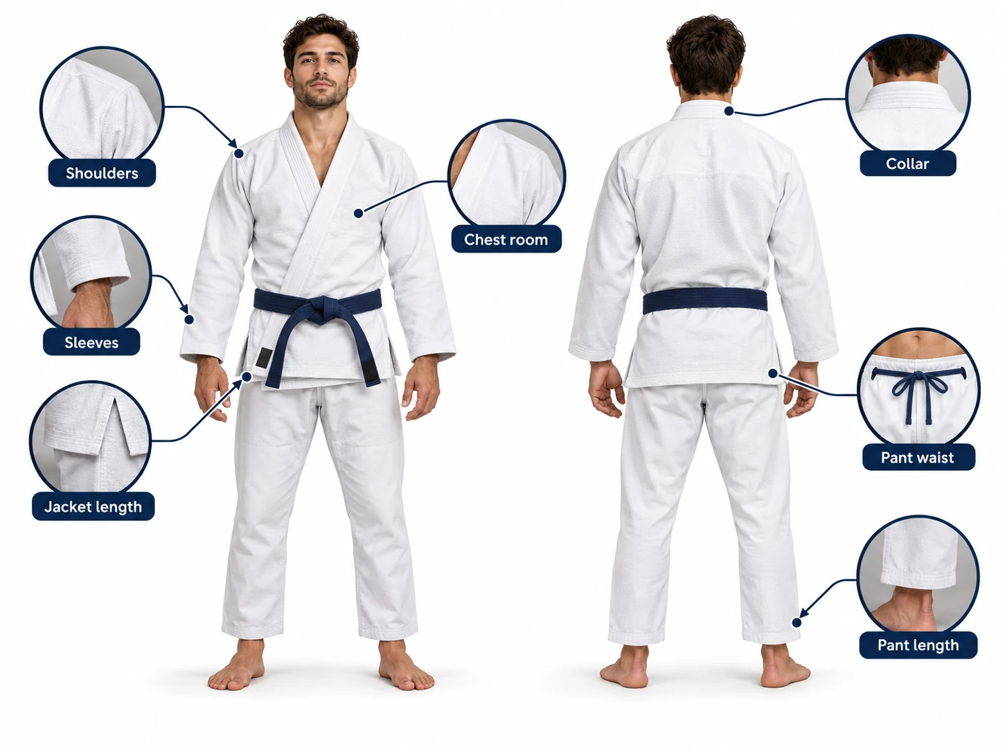 BJJ Gi size chart fit guide showing shoulder, sleeve, jacket, waist and pant length
