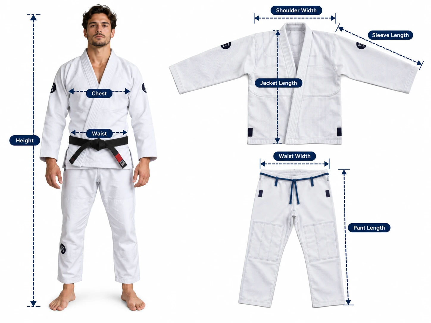 BJJ Gi size chart measurement guide showing height, chest, waist, shoulder, sleeve, jacket and pant measurements