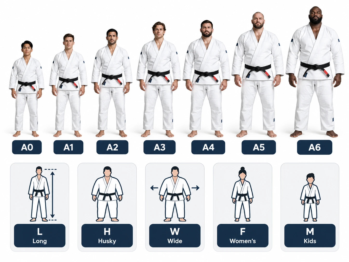 BJJ Gi size chart showing A0 to A6 sizes and L, H, W, F and M size variations