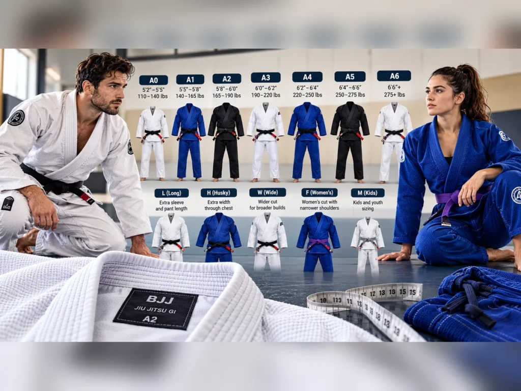 BJJ Gi size chart showing A0 to A6 sizes, special fit variations, male and female athletes, and Gi measurement details