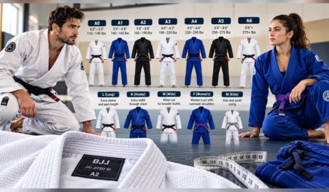 BJJ Gi size chart showing A0 to A6 sizes, special fit variations, male and female athletes, and Gi measurement details