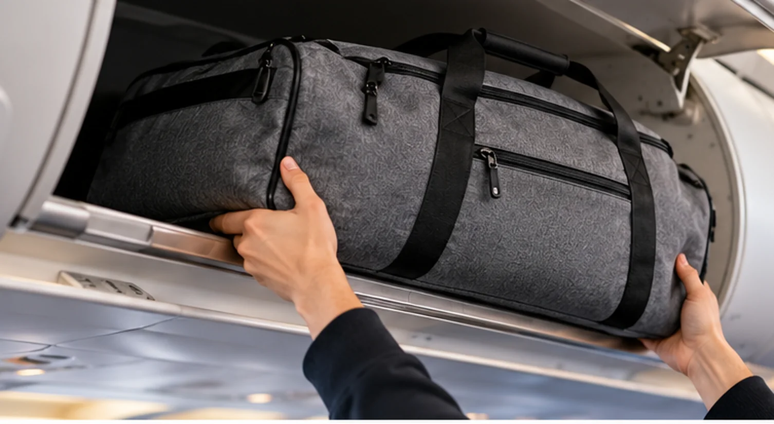 Carry-on duffel bag size shown with a travel duffel being placed in an airplane overhead bin.