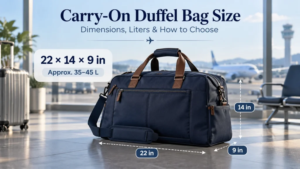 Carry-on duffel bag size guide showing 22 x 14 x 9 inch dimensions and approximate 35–45 liter capacity for airline travel.