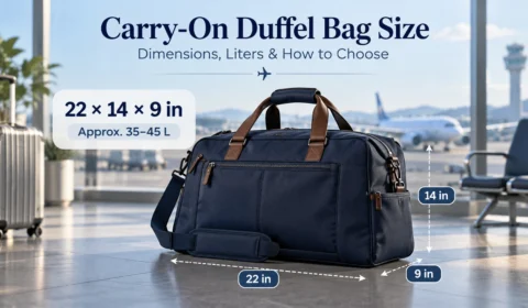 Carry-on duffel bag size guide showing 22 x 14 x 9 inch dimensions and approximate 35–45 liter capacity for airline travel.