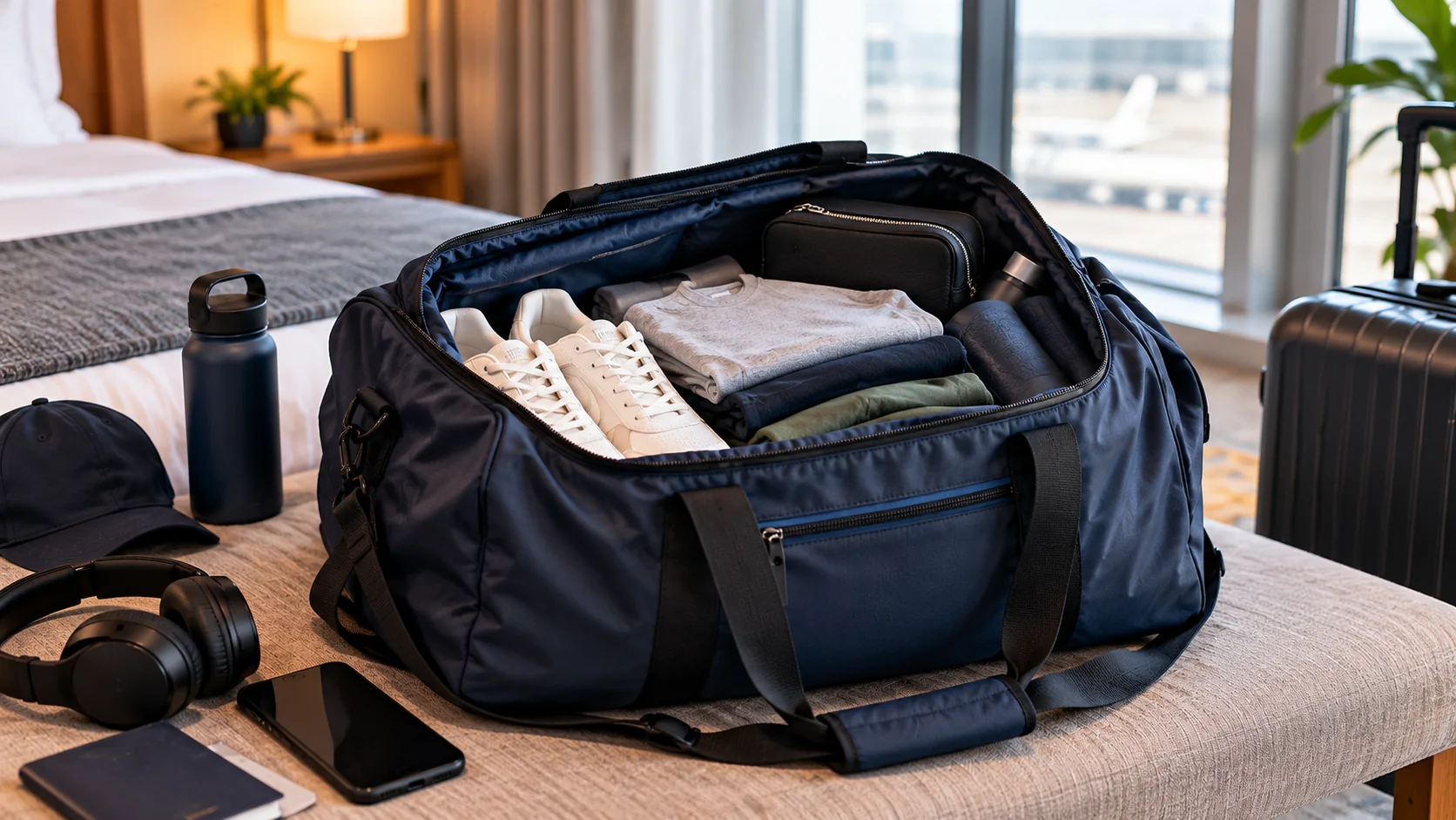 Carry-on duffel bag size and packing capacity illustrated by an open weekender travel bag filled with clothes, shoes and accessories.
