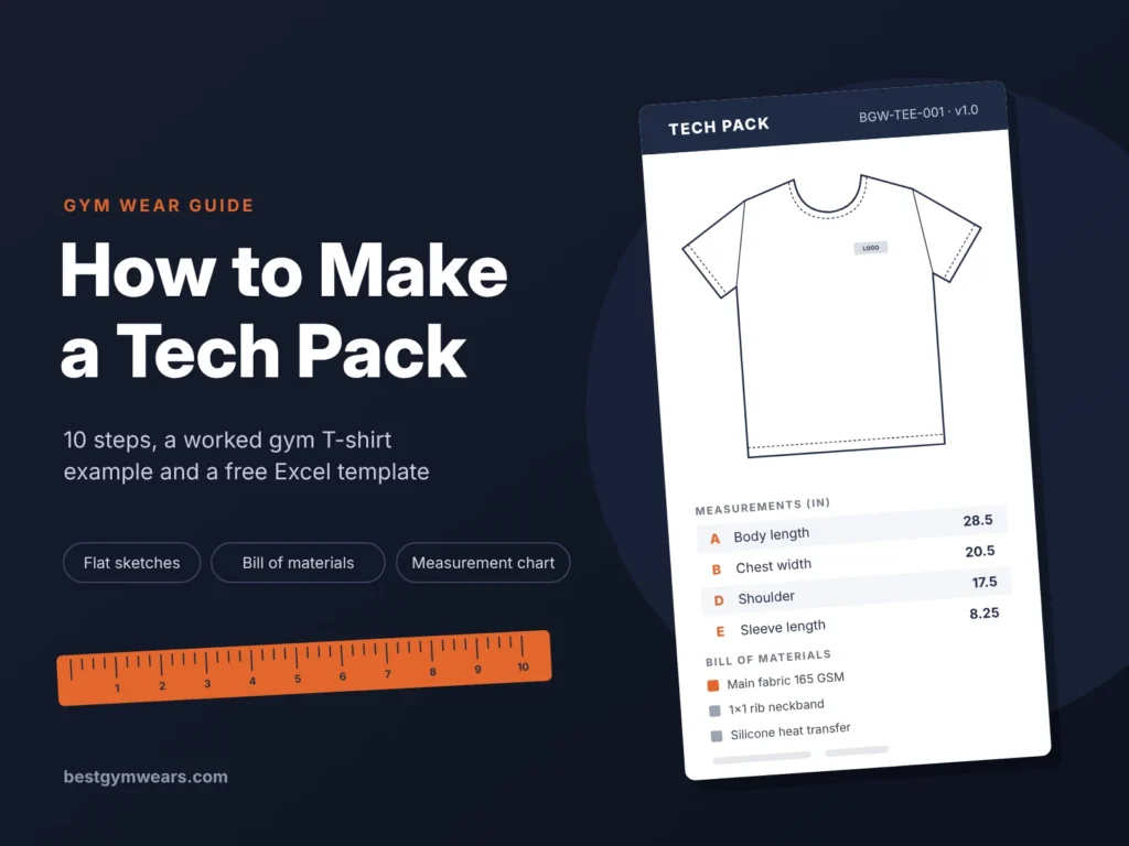 How to make a tech pack for gym wear: tech pack sheet with a T-shirt flat sketch, measurement chart and bill of materials