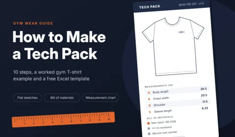 How to make a tech pack for gym wear: tech pack sheet with a T-shirt flat sketch, measurement chart and bill of materials
