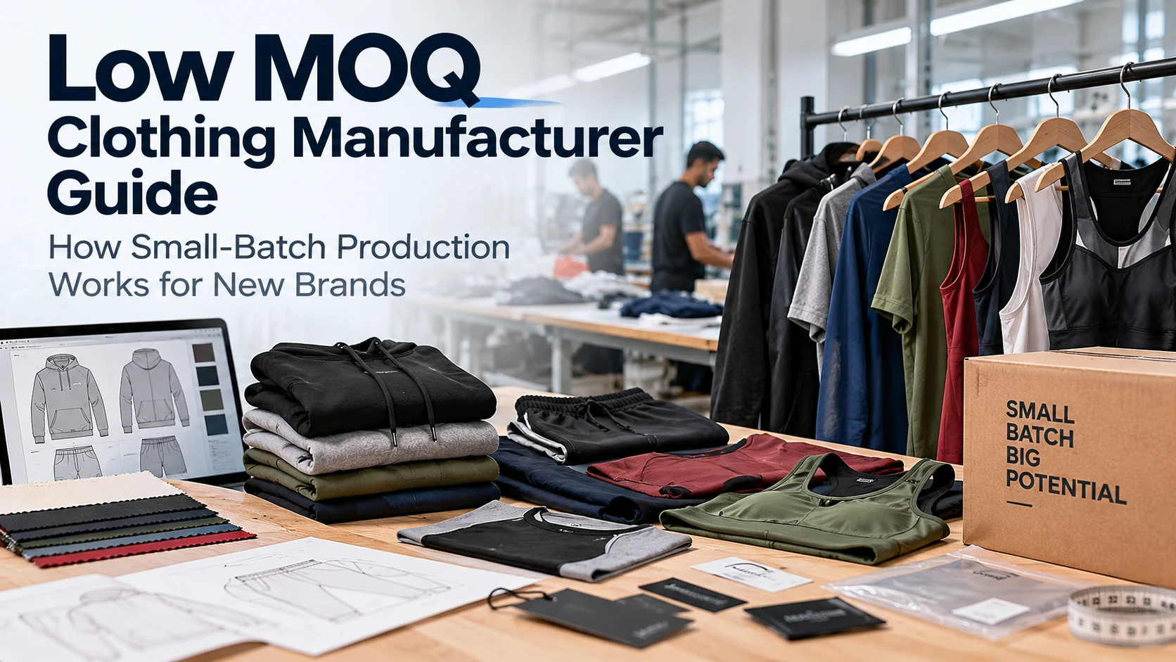 Low MOQ clothing manufacturer offering small-batch custom clothing production, including gymwear, sportswear, hoodies, tank tops, and private-label apparel for startup brands.