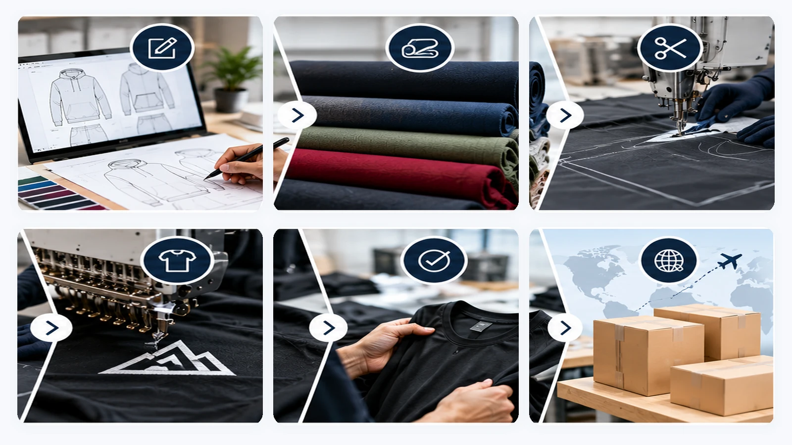 Low MOQ clothing manufacturer showcasing custom apparel design, fabric selection, garment production, embroidery, quality control and shipping.