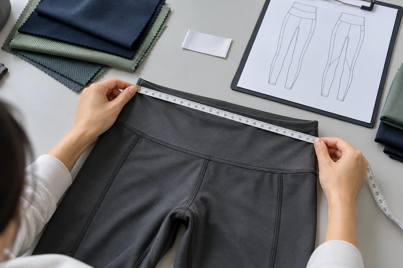 Measuring waistband sizing on a private label sportswear leggings sample before bulk production