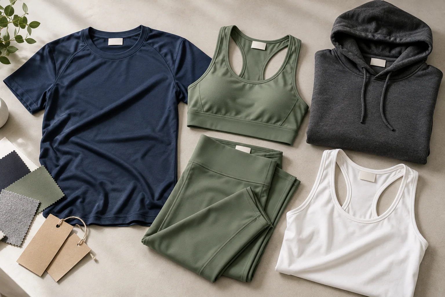 Private label sportswear collection featuring a T-shirt, tank top, sports bra, leggings and hoodie