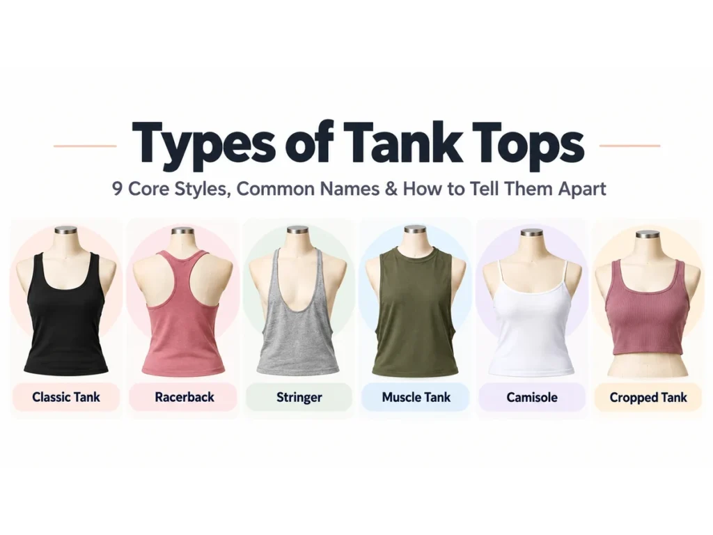 Types of tank tops including classic, racerback, stringer, muscle, camisole and cropped tank styles