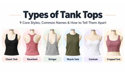 Types of tank tops including classic, racerback, stringer, muscle, camisole and cropped tank styles