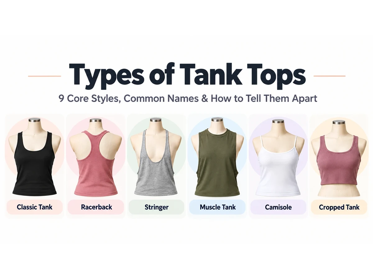Types of tank tops including classic, racerback, stringer, muscle, camisole and cropped tank styles