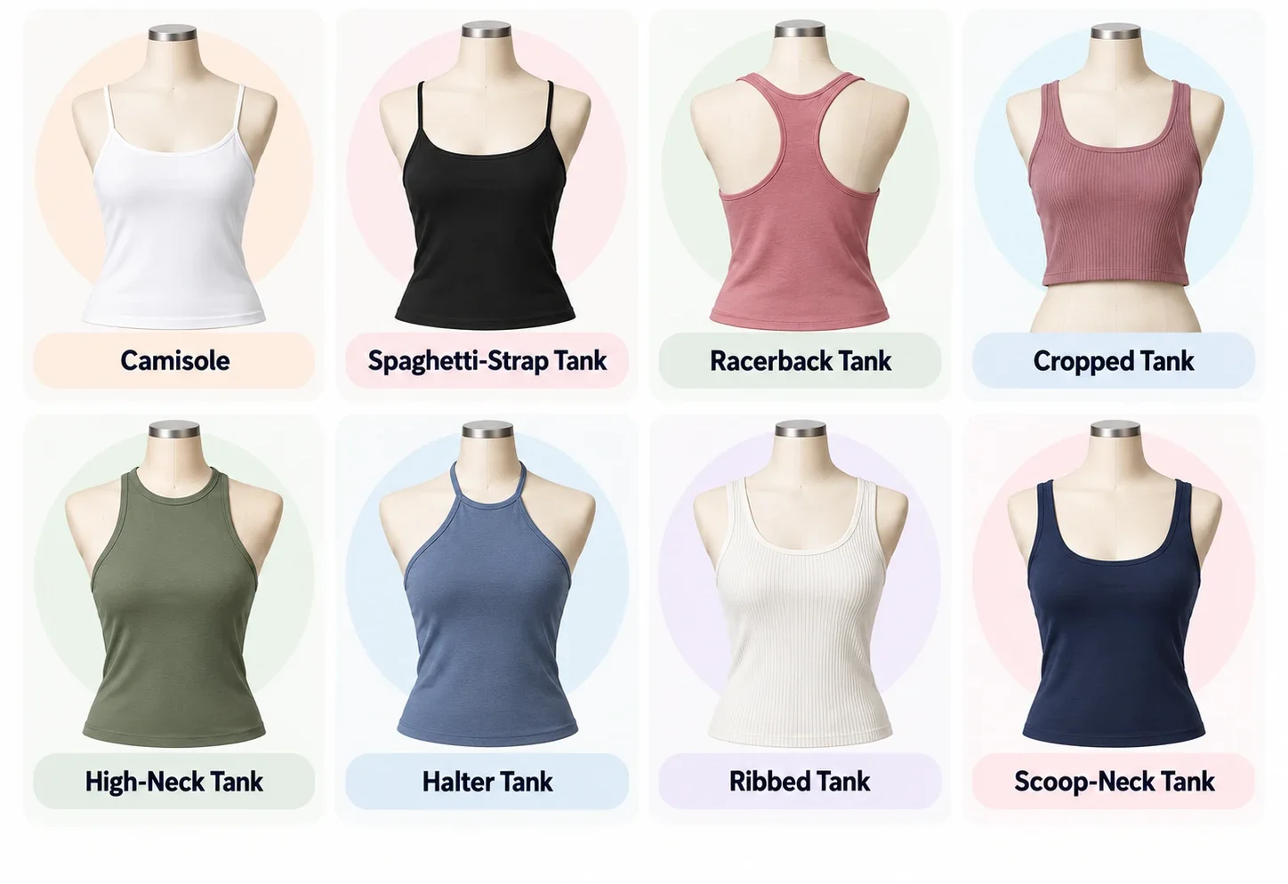 - Types of tank tops for women including camisole, racerback, cropped, high-neck, halter, ribbed and scoop-neck styles