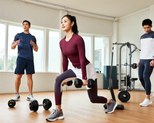 Group fitness training session with people exercising in a gym